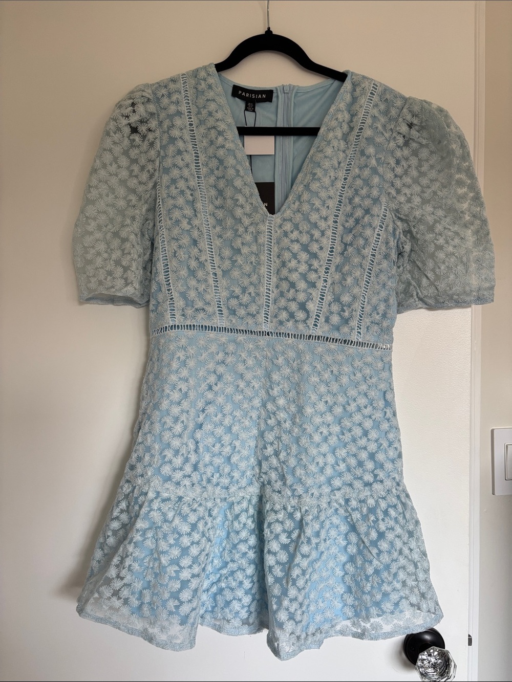 NWT Parisian Baby Blue Daisy Embroidered Lace Puff Sleeve Mini Dress